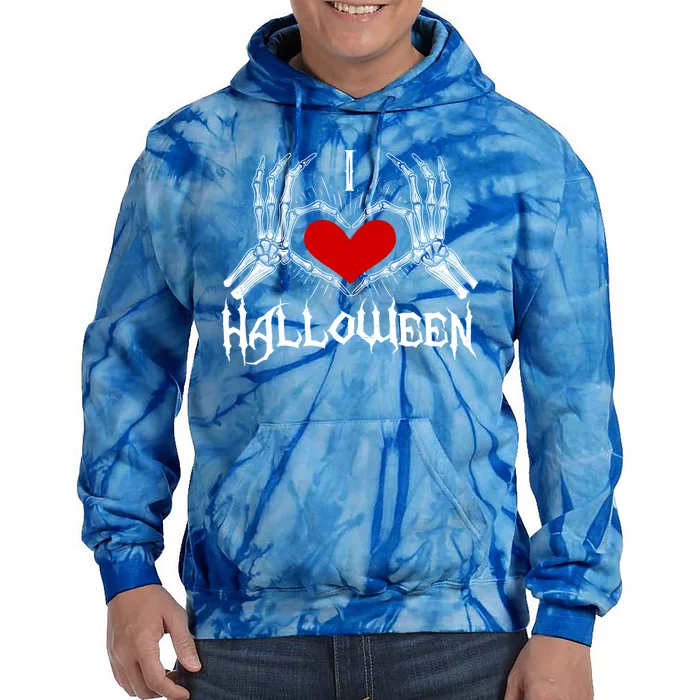 I Love Halloween Skeleton Heart Gift October Fall Gift Tie Dye Hoodie