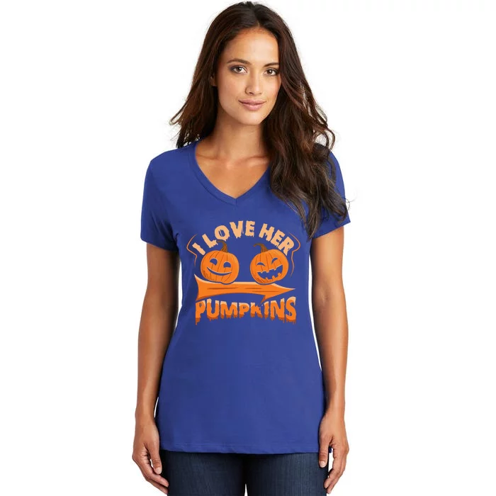 I Love Her Pumpkins Funny Couple Matching Halloween Costume Gift Women's V-Neck T-Shirt