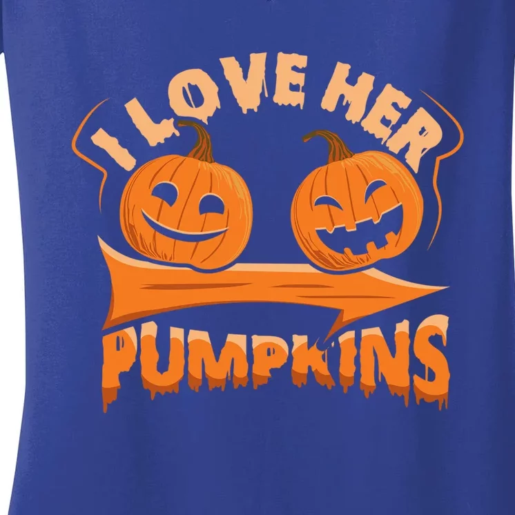 I Love Her Pumpkins Funny Couple Matching Halloween Costume Gift Women's V-Neck T-Shirt