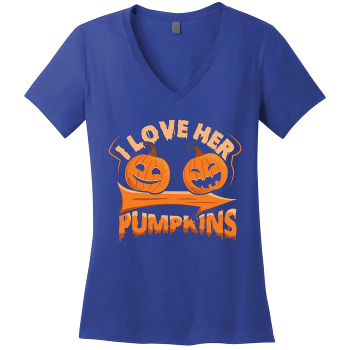 I Love Her Pumpkins Funny Couple Matching Halloween Costume Gift Women's V-Neck T-Shirt