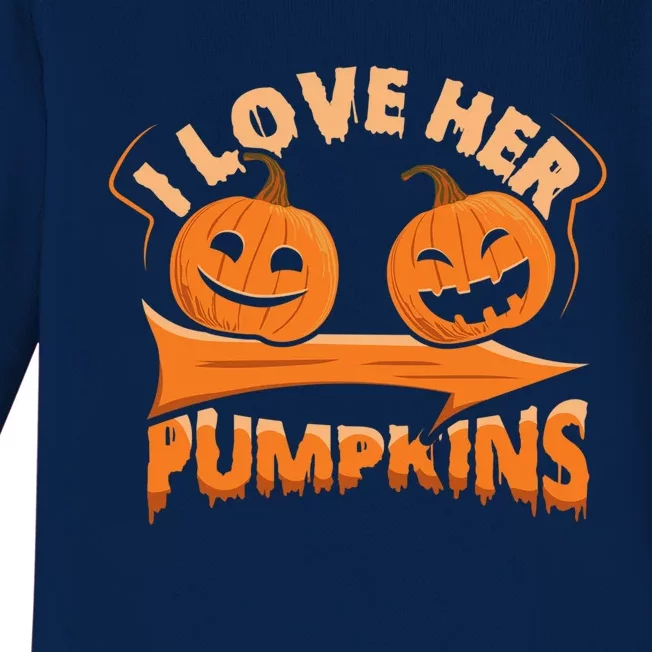 I Love Her Pumpkins Funny Couple Matching Halloween Costume Gift Baby Long Sleeve Bodysuit