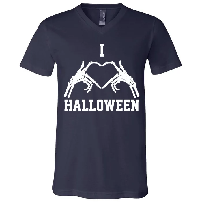 I Love Halloween Skeleton Heart V-Neck T-Shirt