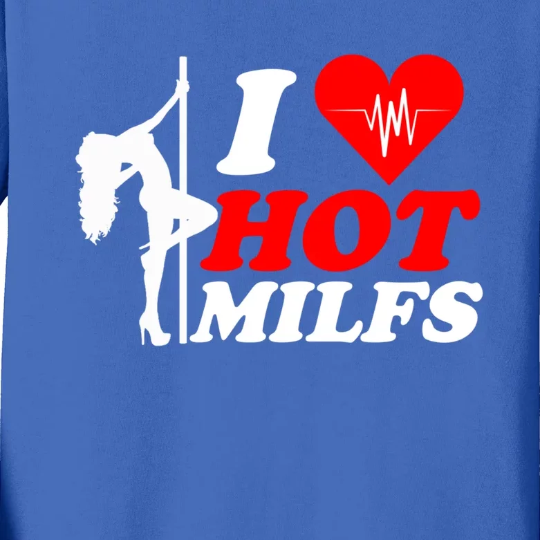 I Love Hot Milfs Funny Red Heart Love Milfs Hot Mom Hunter Gift Kids Long Sleeve Shirt