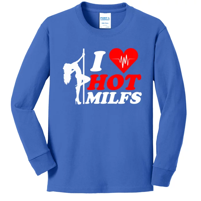 I Love Hot Milfs Funny Red Heart Love Milfs Hot Mom Hunter Gift Kids Long Sleeve Shirt