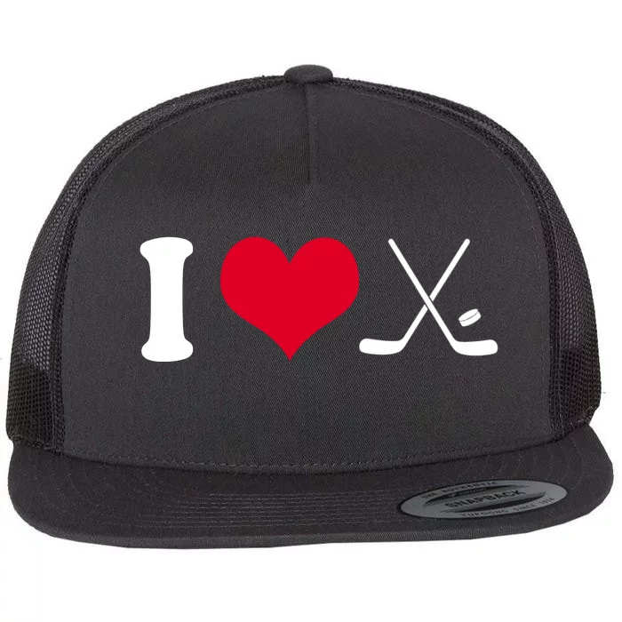 I Love Hockey, Sticks And Puck Flat Bill Trucker Hat