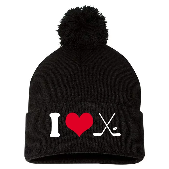 I Love Hockey, Sticks And Puck Pom Pom 12in Knit Beanie