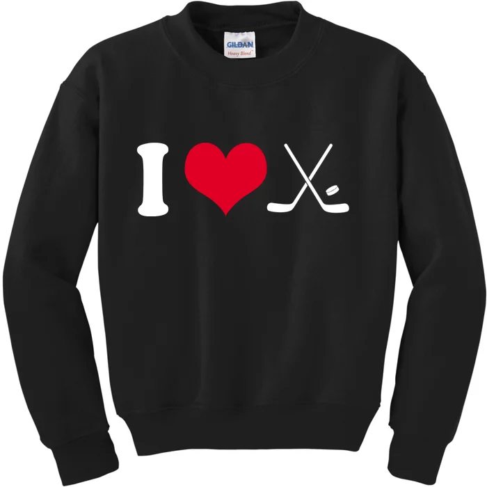 I Love Hockey, Sticks And Puck Kids Sweatshirt