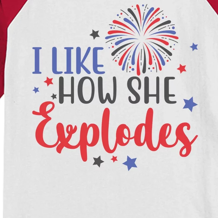 I Like How She Explodes 4th Of July Funny Kids Colorblock Raglan Jersey