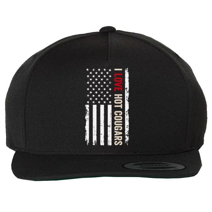 I Love Hot Cougars American Usa Flag Funny Gift Wool Snapback Cap