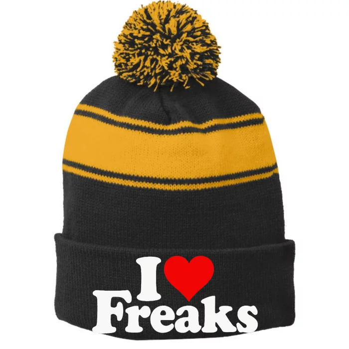 I Love Heart Freaks Stripe Pom Pom Beanie