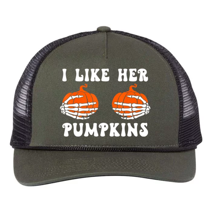 I Like Her Pumpkins Groovy Matching Couple Halloween Retro Rope Trucker Hat Cap