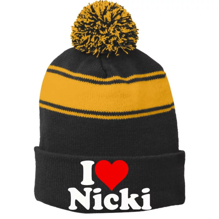 I Love Heart Nicki Stripe Pom Pom Beanie