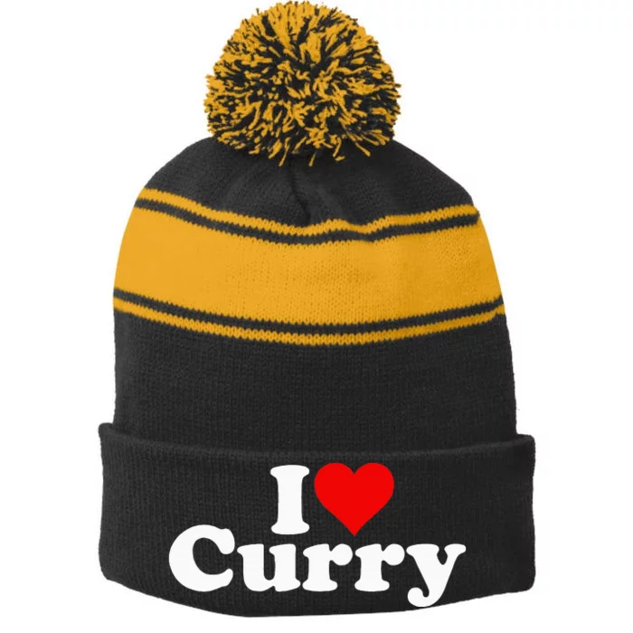 I Love Heart Curry Stripe Pom Pom Beanie