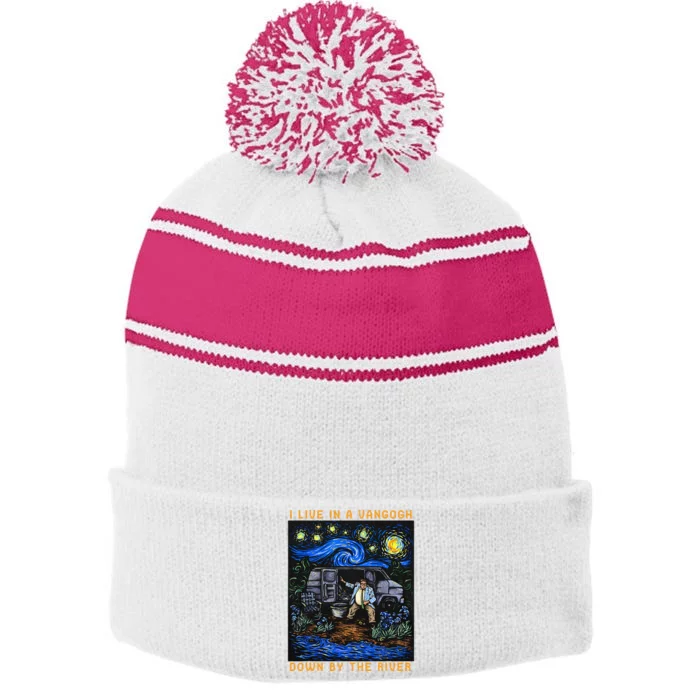 I Live In A Vangogh Down By The River Stripe Pom Pom Beanie