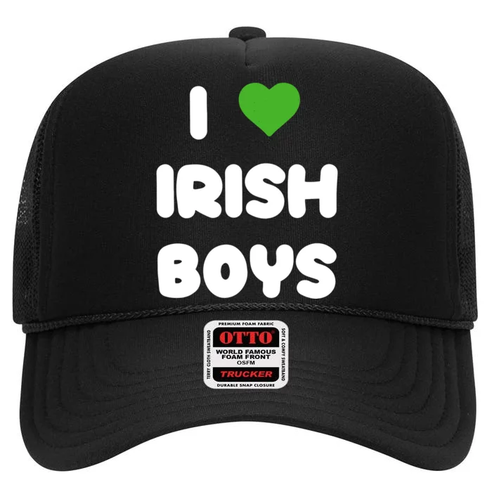 I Love Irish Funny St Patricks Day Heart Shamrock High Crown Mesh Trucker Hat