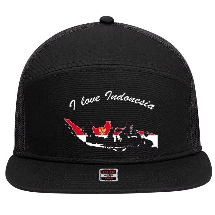 I Love Indonesia Lettering With Country Border Indonesia 7 Panel Mesh Trucker Snapback Hat