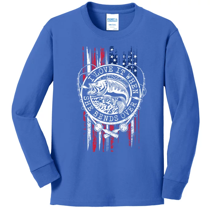 I Love It When She Bends Over Funny Fishing Usa Flag Gift Kids Long Sleeve Shirt