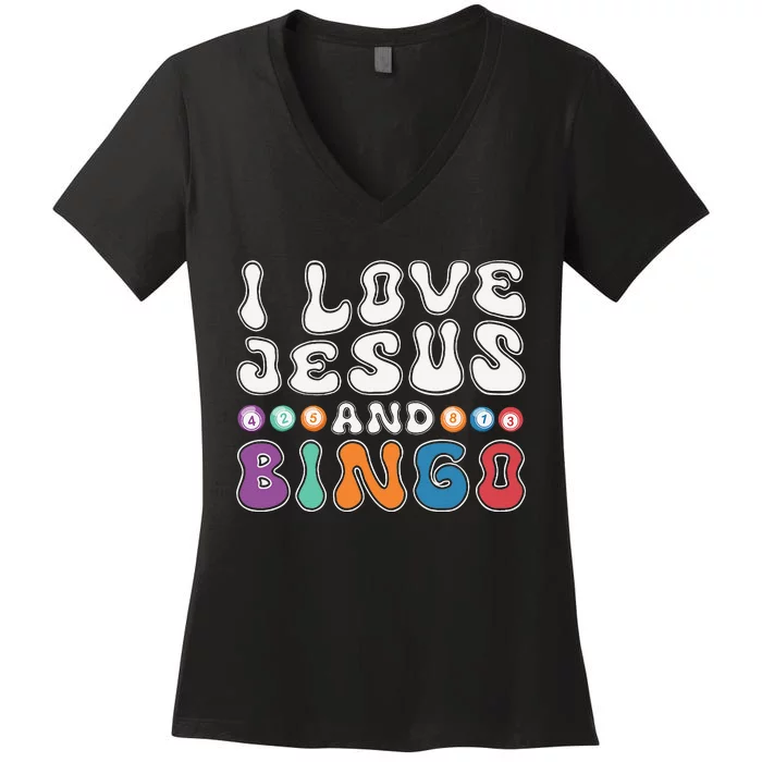 I Love Jesus And Bingo Christian Cross Board Games Women's V-Neck T-Shirt