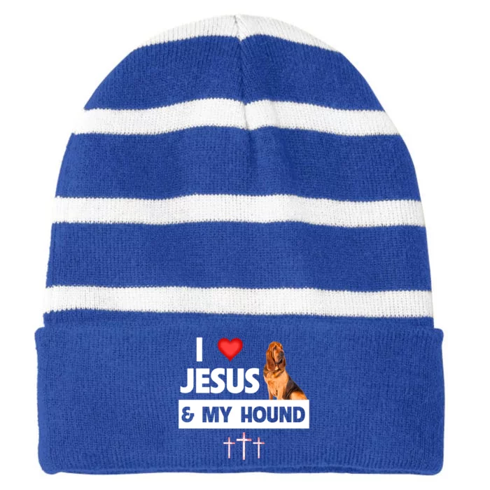 I Love Jesus And My Bloodhound Hunting Dog Mom Dad Christian Gift Striped Beanie with Solid Band