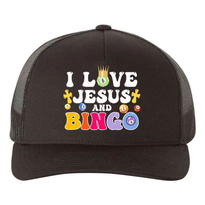 I Love Jesus And Bingo Christian Cross Board Games Yupoong Adult 5-Panel Trucker Hat