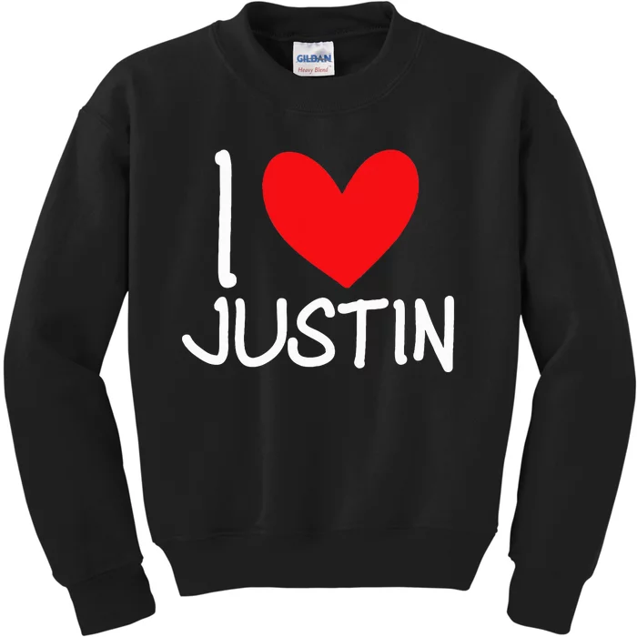 I Love Justin Name Personalized Kids Sweatshirt