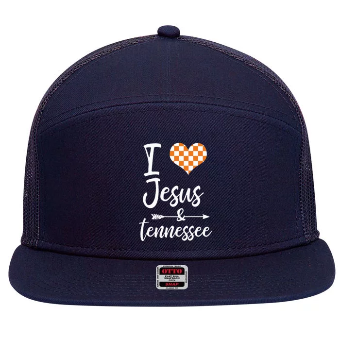 I Love Jesus And Tennessee Orange Heart Cute Fan 7 Panel Mesh Trucker Snapback Hat