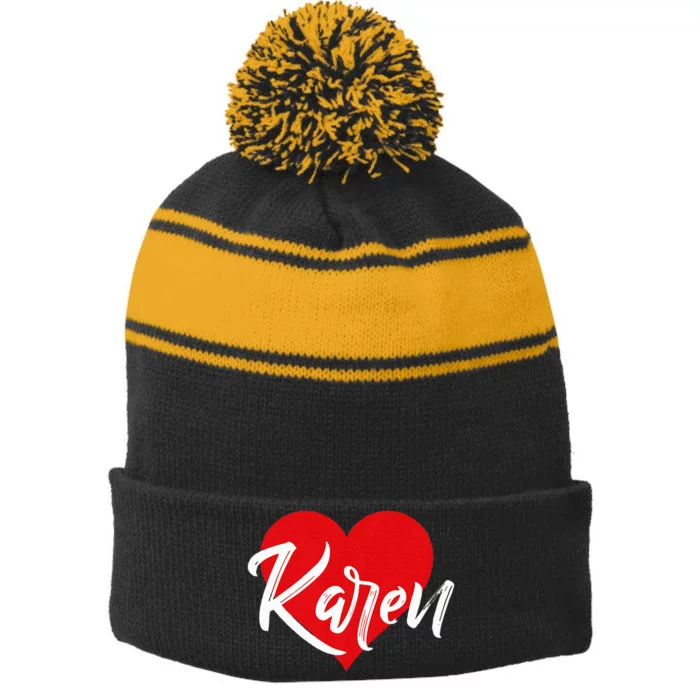 I Love Karen First Name Stripe Pom Pom Beanie