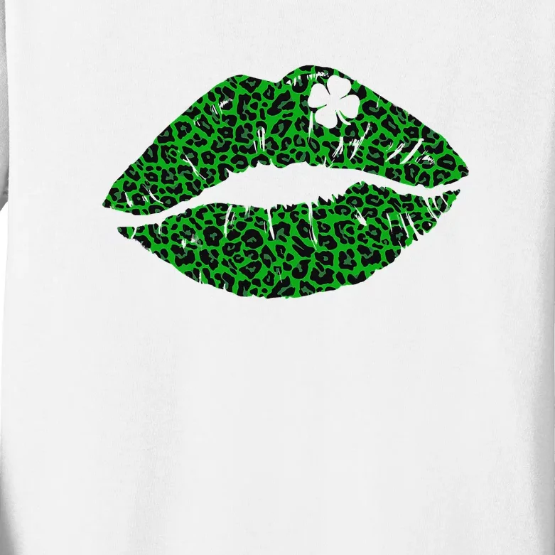 Irish Lucky Lip Green Leopard Shamrock St Patricks Day Kids Long Sleeve Shirt