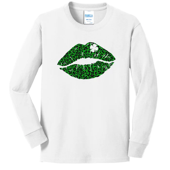 Irish Lucky Lip Green Leopard Shamrock St Patricks Day Kids Long Sleeve Shirt