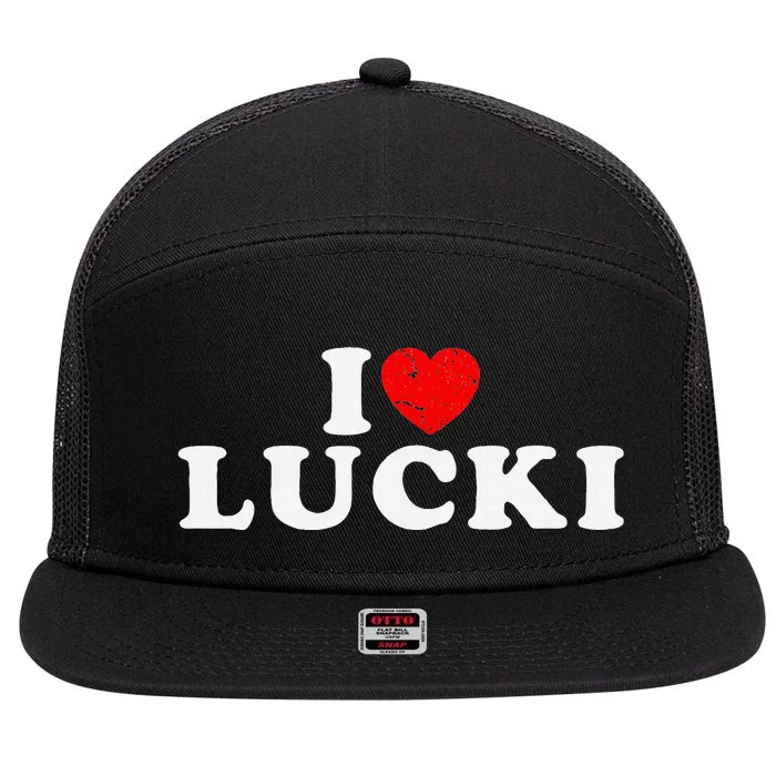 I Love Lucki I Heart Lucki Red Heart 7 Panel Mesh Trucker Snapback Hat