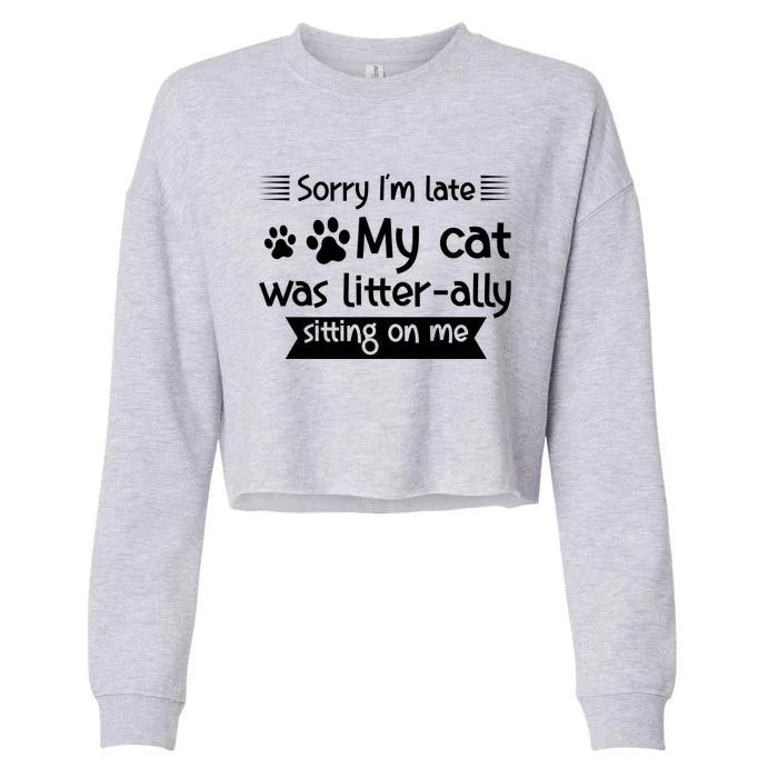 Im Late My Cat Was Litterally Sitting On Me Cat Great Gift Cropped Pullover Crew