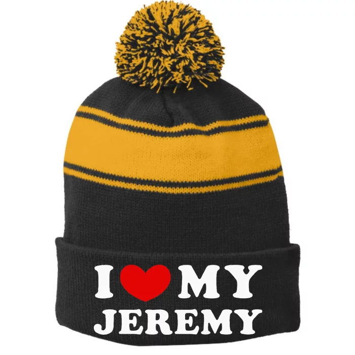 I Love My Jeremy Stripe Pom Pom Beanie