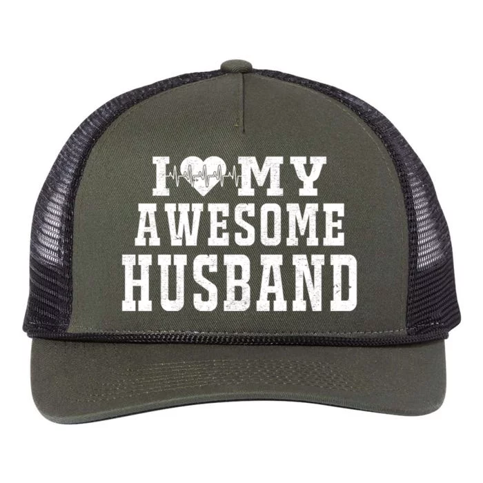 I Love My Awesome Husband Heartbeat Father's Day Husband Gift Retro Rope Trucker Hat Cap