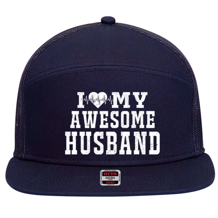 I Love My Awesome Husband Heartbeat Father's Day Husband Gift 7 Panel Mesh Trucker Snapback Hat