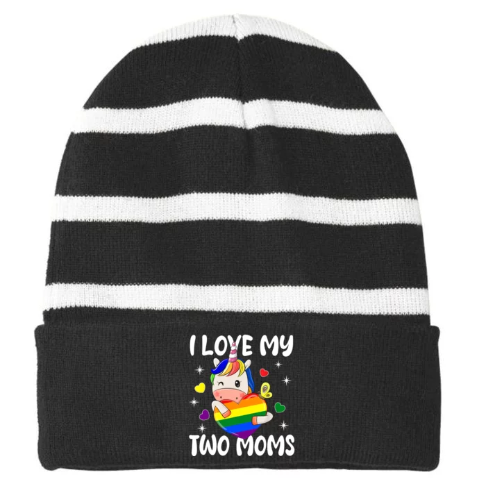 I Love My Two Moms Cute Lgbt Gay Ally Unicorn Girl Striped Beanie with Solid Band