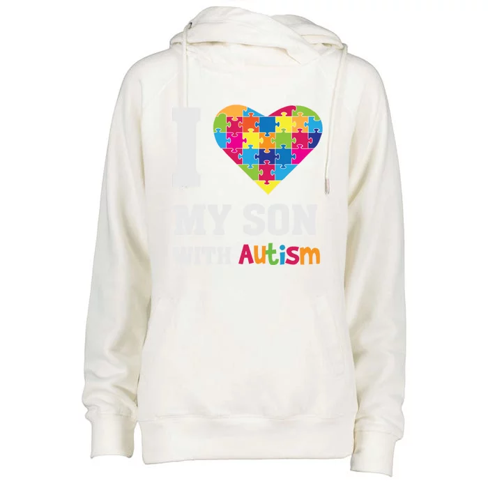 I Love My Son With Autism Gift Puzzle Gift Proud Mom Dad Awareness Gift Womens Funnel Neck Pullover Hood