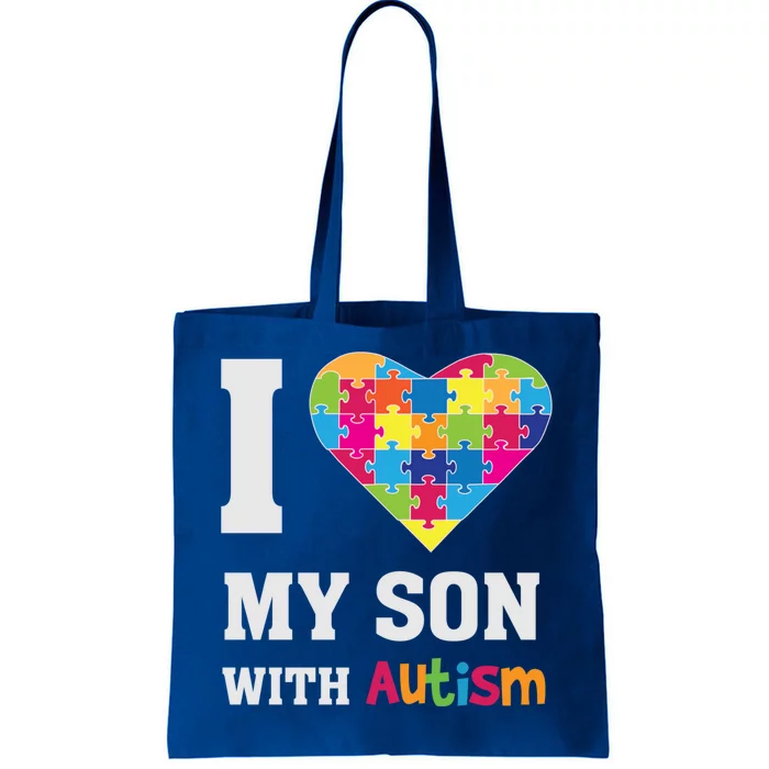 I Love My Son With Autism Gift Puzzle Gift Proud Mom Dad Awareness Gift Tote Bag