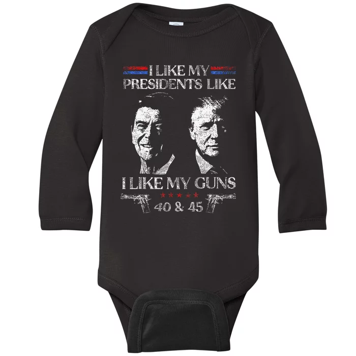 I Like My Presidents Like I Like My Guns Trump Gun 2024 Baby Long Sleeve Bodysuit