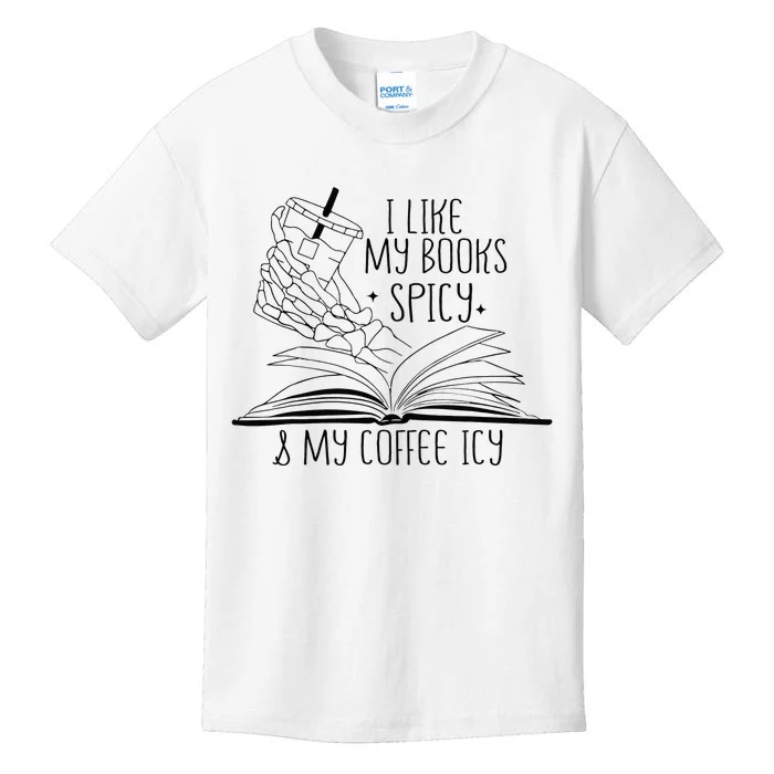 I Like My Books Spicy and My Coffee Icy Skeleton Hand Book Kids T-Shirt