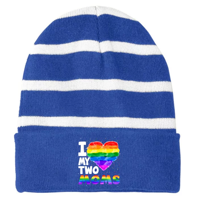 I Love My Two Moms Lesbian Gay Lgbt Pride Month Cool Gift Striped Beanie with Solid Band