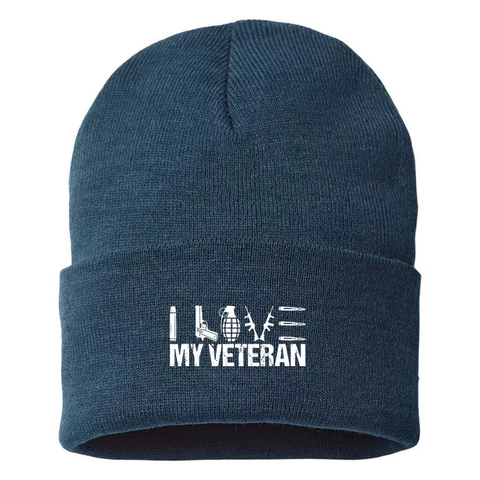 I Love My Veteran Flag Heart Wife Girlfriend Sustainable Knit Beanie