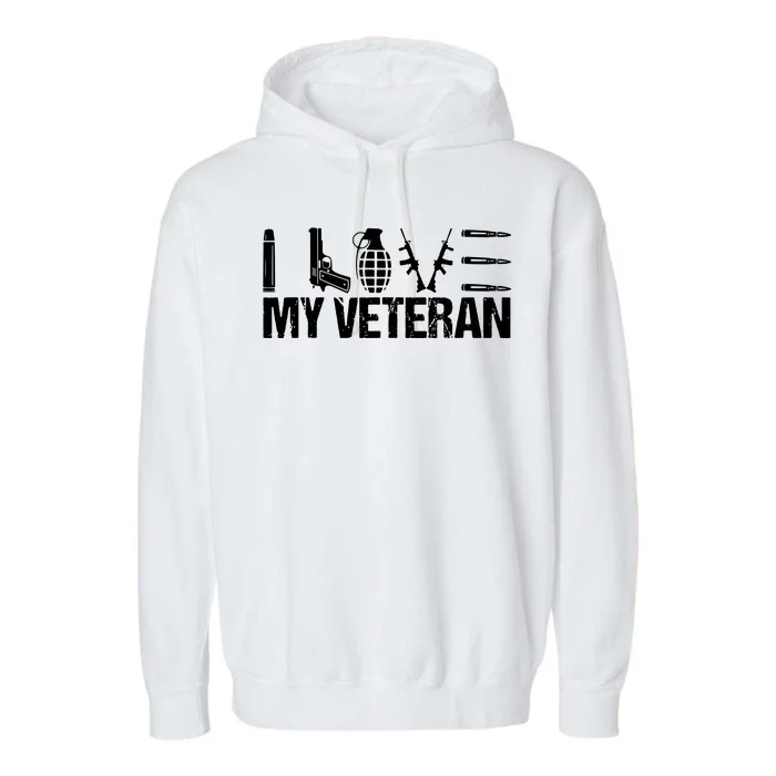 I Love My Veteran Flag Heart Wife Girlfriend Garment-Dyed Fleece Hoodie