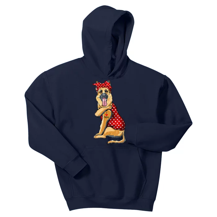 I Love Mom Tattoo Funny German Shepherd Dog Wearing Bandana Kids Hoodie