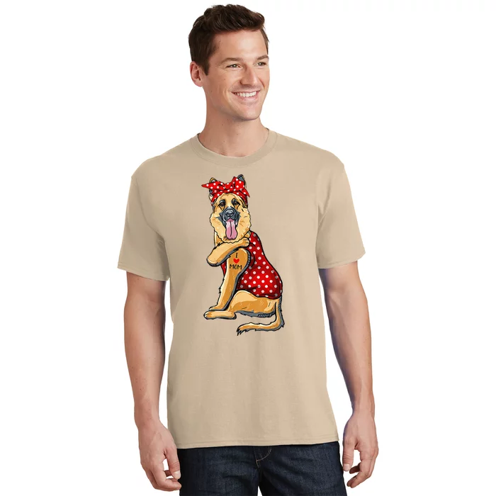 I Love Mom Tattoo Funny German Shepherd Dog Wearing Bandana T-Shirt