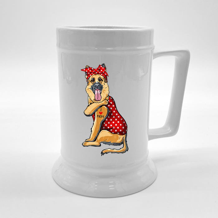 I Love Mom Tattoo Funny German Shepherd Dog Wearing Bandana Front & Back Beer Stein