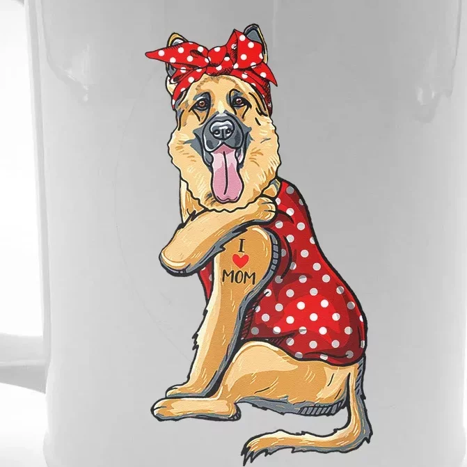 I Love Mom Tattoo Funny German Shepherd Dog Wearing Bandana Front & Back Beer Stein