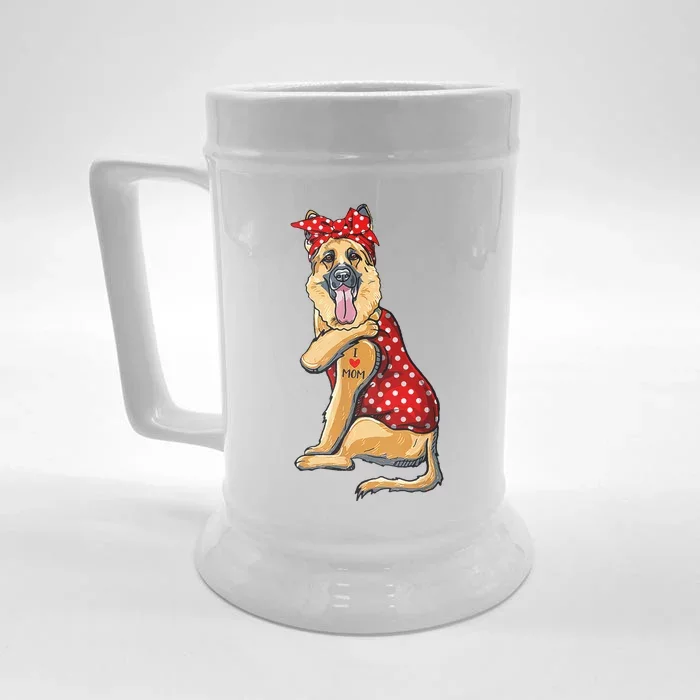 I Love Mom Tattoo Funny German Shepherd Dog Wearing Bandana Front & Back Beer Stein