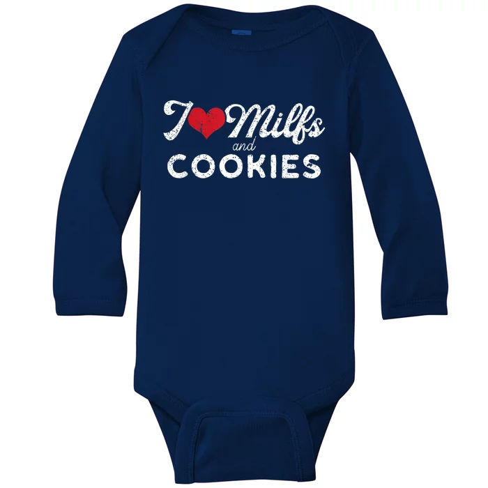 I Love Milfs And Cookies Gift Funny Cougar Lover Joke Gift Baby Long Sleeve Bodysuit