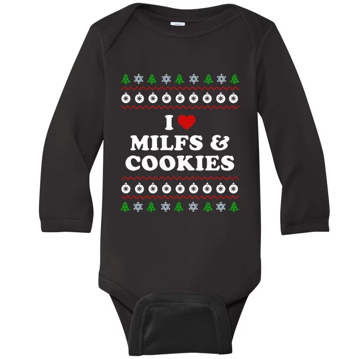 I Love Milfs and Cookies  Funny Ugly Xmas Sweater Humor Pun Swea Baby Long Sleeve Bodysuit