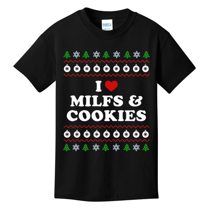 I Love Milfs and Cookies  Funny Ugly Xmas Sweater Humor Pun Swea Kids T-Shirt